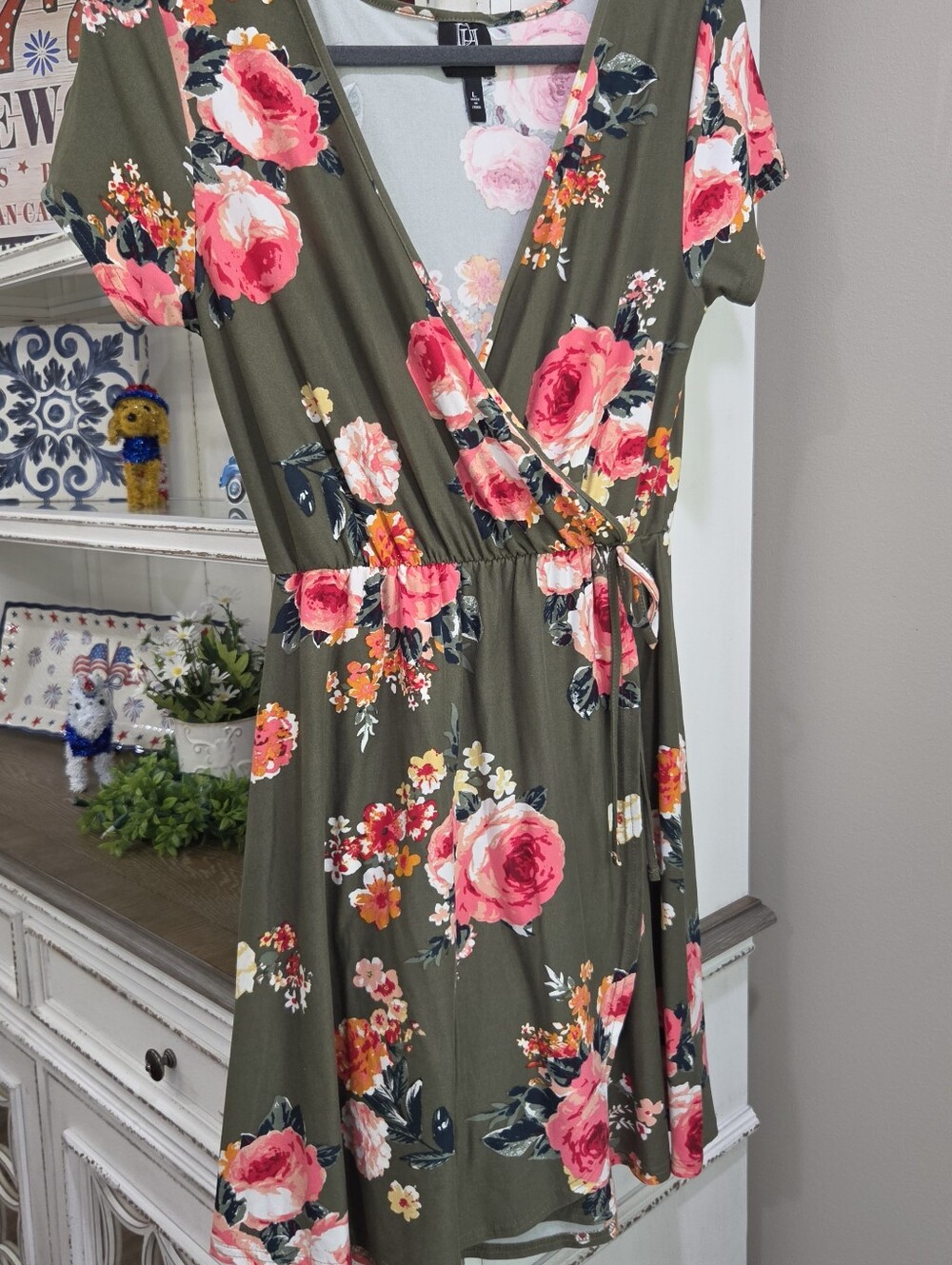Derek Heart Olive Floral Wrap Midi Dress with Pink Rose Print